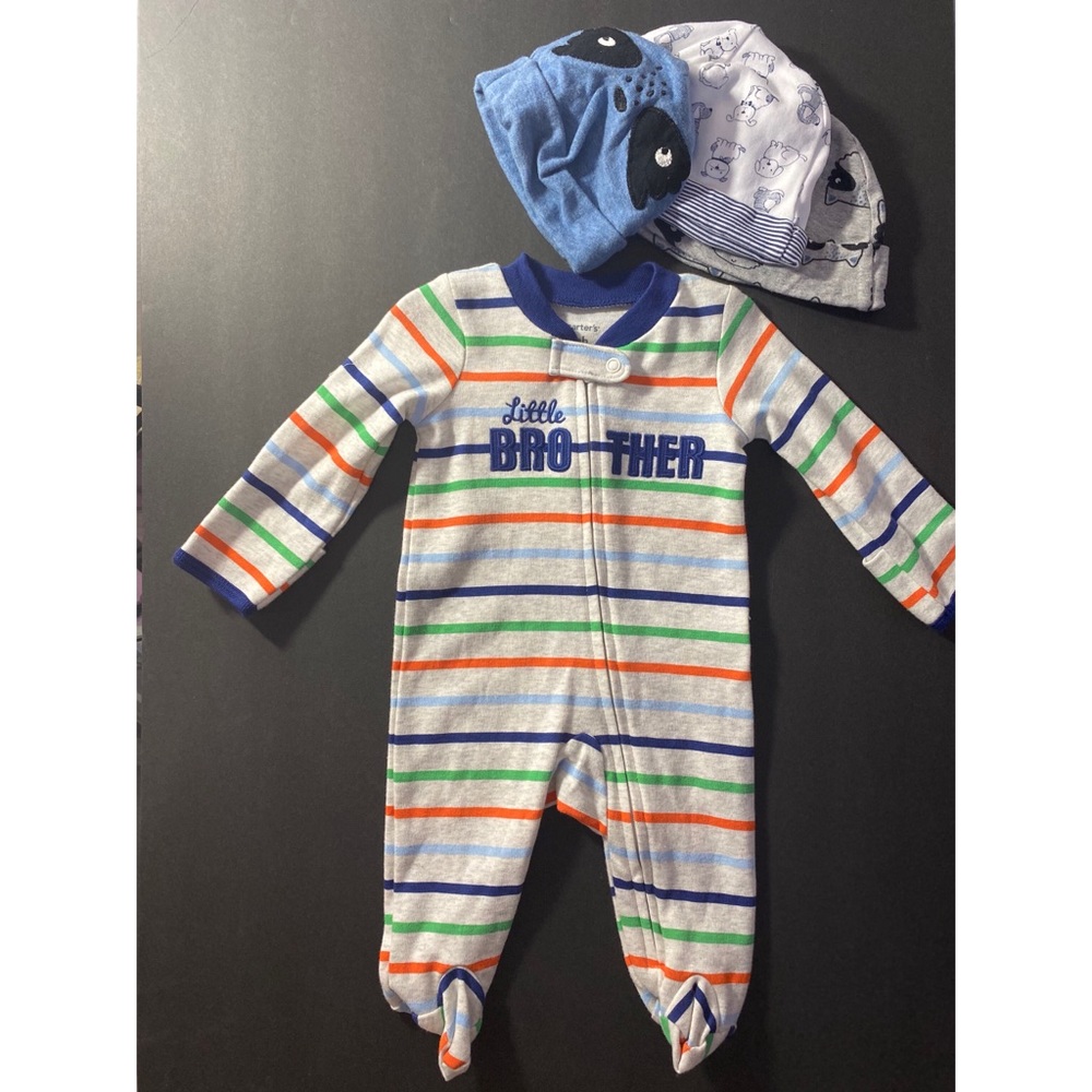 Lot of Baby Boy Footie and Beanies